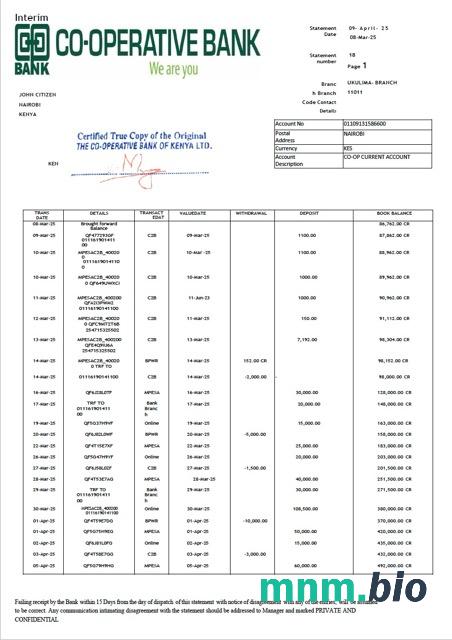 Kenya Co-operative Bank statement szablon Worda i PDF, version 2